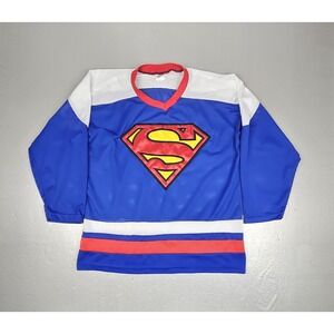 Vintage 1999 Warner Bros Superman Hockey Jersey Mens‎ Medium Blue Red Qt Sleeve